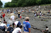 親水広場で魚のつかみとりを行う家族連れの写真 親水広場で魚のつかみとりを行う家族連れの写真