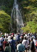 雄滝を見つめる大勢の見物客の写真