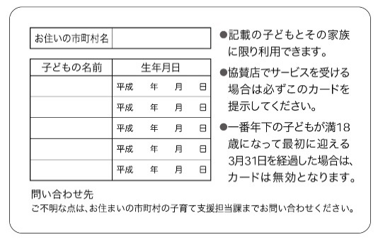 ながの子育て家庭優待パスポートの裏 ながの子育て家庭優待パスポートの裏面。お住いの市町村名、子供の名前、生年月日を記載する欄が設けられている