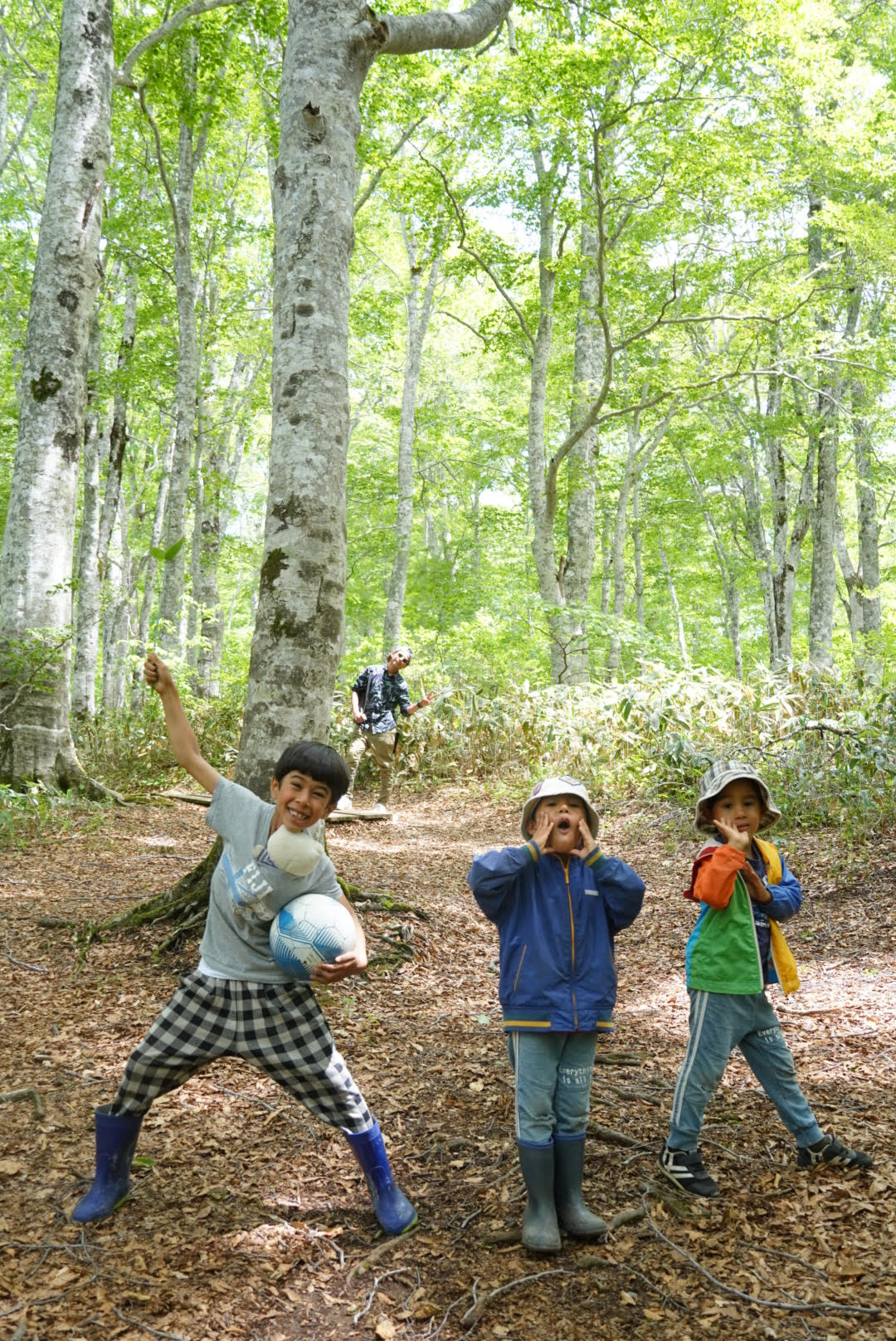 サヘブ有美さんの3人の息子たちがブナ林でこちらに向かってポーズを取る様子