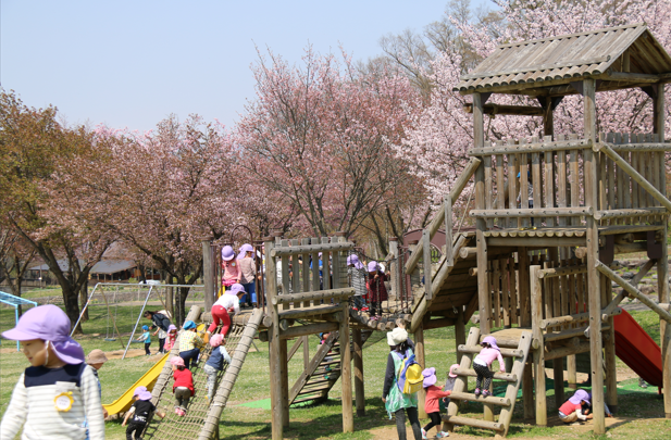 保育園児たちが公園で遊んでいる写真